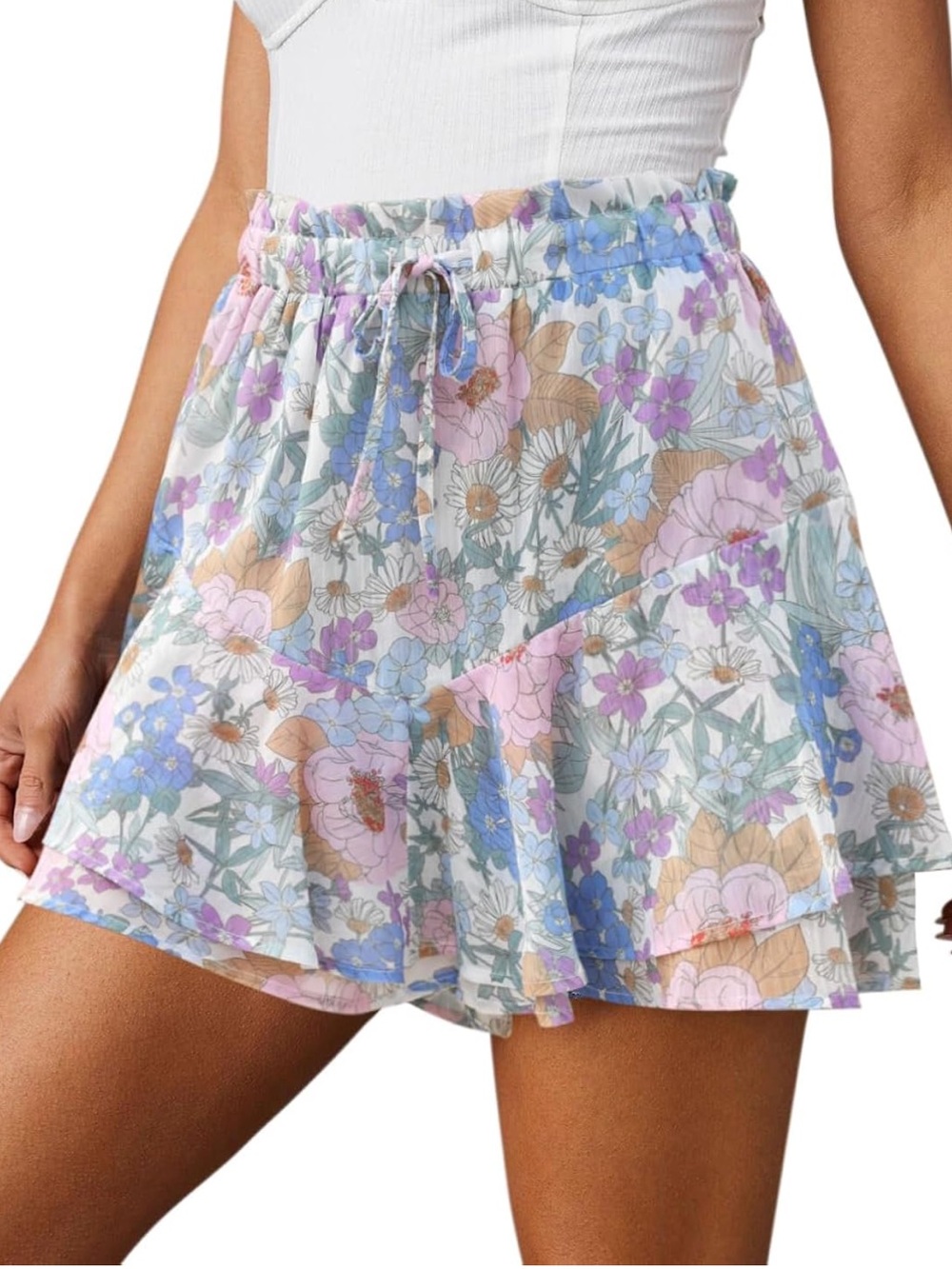 Blue Purple Floral Flowy Ruffle Mini Chiffon Tennis Skort Skirt Shorts L Large